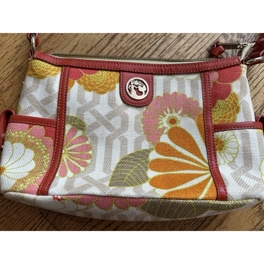 Spartina 449 Floral Linen Shoulder Bag Red Leather Trim Daufuskie Island 13x8 In - Picture 5 of 14